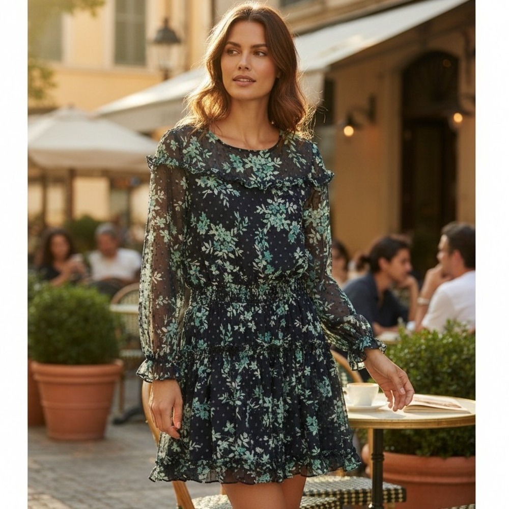 CeCe Floral Mini Dress Womens S Navy Smocked Boho Cottagecore Romantic Feminine